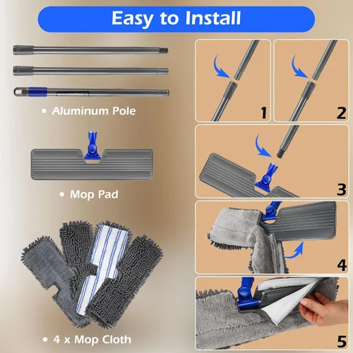 Miniatura 9 de MASTERTOP Escoba de microfibra para polvo, trapeadores planos de doble cara para pisos de madera dura con 4 almohadillas reutilizables, trapeadores