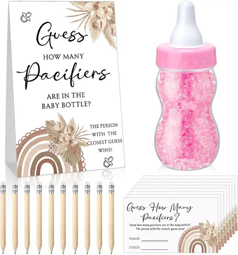 Miniatura 28 de Roowest 512 piezas de juegos de baby shower Adivina cuántos chupetes letrero, 100 pequeños juegos de adivinanzas, 10 lápices HB, botella de leche