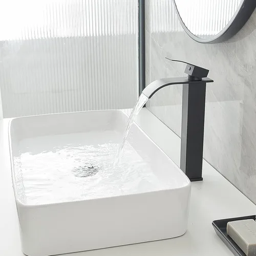 Miniatura 5 de Grifo de fregadero de recipiente con cascada, grifo de baño mate negro de acero inoxidable, alto, de una sola manija, un agujero, montaje