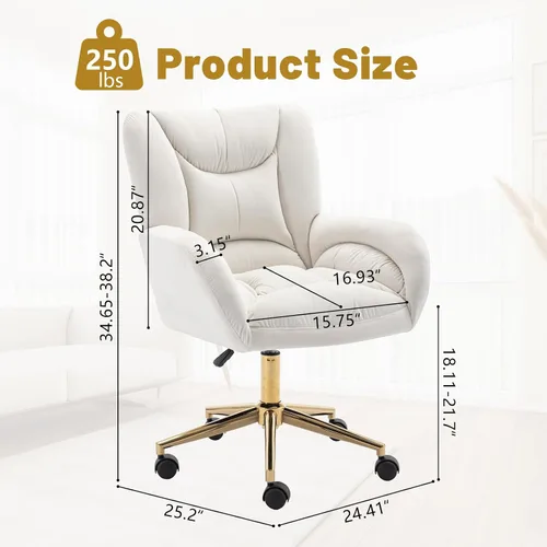 Miniatura 2 de Silla de oficina en casa de terciopelo giratoria de 360°, base de metal dorado, ruedas universales, sillón ergonómico de altura ajustable moderna