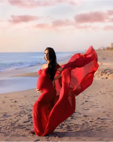 Miniatura 4 de ORQ Vestido de gasa de maternidad con hombros descubiertos para accesorios de fotos, vestido maxi de fotografía para sesión de fotos