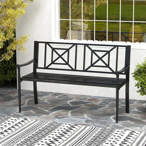 Miniatura 8 de Giantex Banco de metal para exteriores con respaldo, reposabrazos curvos, almohadillas antideslizantes, asiento de listones para 2-3 personas, carga
