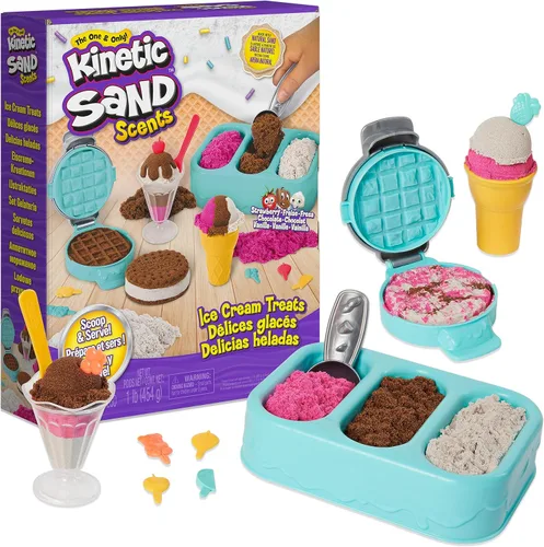 Kinetic Sand Scents, Set de Juego de Helados con 3 Colores de Arena de Juego Perfumada y 6 Herramientas, Juguetes Sensoriales, Regalos Navideños y