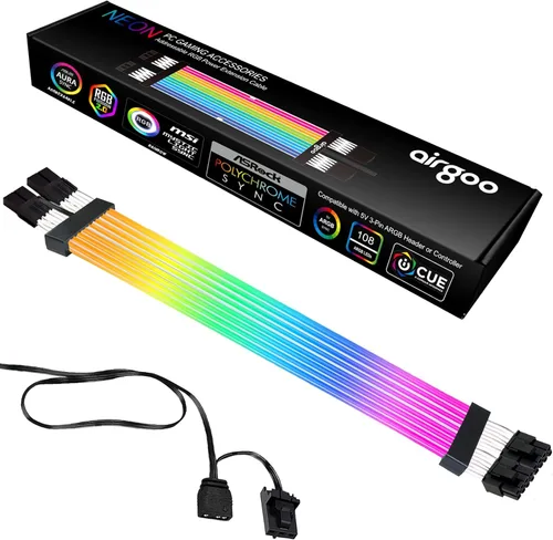 Miniatura 5 de airgoo Strimer S2 RGB ATX direccionable, cable de extensión ARGB PSU, incluye cables ATX de 24 pines 18 AWG, para controlador AG-DRGB16 SignalRGB