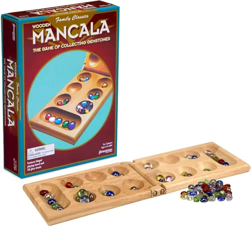 Pressman Juego de Mesa Mancala | Divertido juego clásico para adultos y niños | Incluye 48 piedras de Mancala de vidrio y tablero de juego de madera
