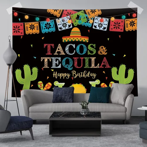 Miniatura 4 de Telón de fondo de fiesta mexicana de feliz cumpleaños, tacos y tequila, luces coloridas, fondo de fondo de cinco de mayo para fotos, fiesta