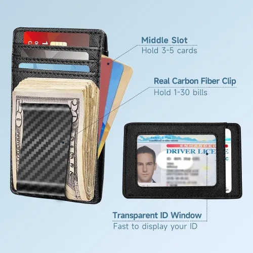 Miniatura 2 de Travelambo Clip para dinero para hombre, de piel, delgado, minimalista, con bloqueo RFID (tejido negro), Cros negros con clip mate, Minimalista