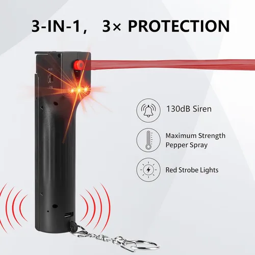 Miniatura 2 de Alarma personal de autodefensa 3 en 1 para mujeres, gel de pimienta y sirena de 130 dB y luces estroboscópicas, tapa de seguridad abatible, cargador