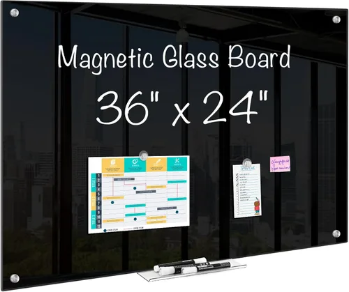 maxtek - Pizarra magnética de borrado en seco de vidrio, 91 x 61 cm, pizarra de vidrio negro para montaje en pared, incluye 6 imanes con bandeja