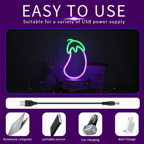 Miniatura 7 de ENUOLI Letrero de neón en forma de berenjena, letrero LED de neón de berenjena para dormitorio, luces de berenjena moradas, lámpara USB / funciona