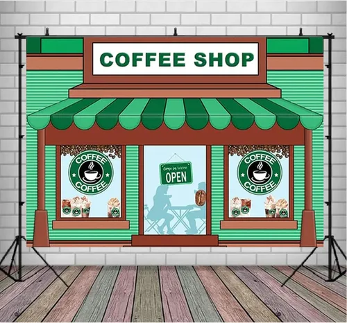 Miniatura 6 de Telón de fondo de caricaturas para fotografía de café – Fondo de helado de primer cumpleaños con rayas verdes para niños y baby shower (7 x 5 pies)