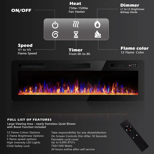 Miniatura 4 de BOSSIN - Chimenea eléctrica lineal ultrafina y silenciosa de 60 pulgadas, chimenea empotrada y montada en pared, compatible con montantes de 2 x 4