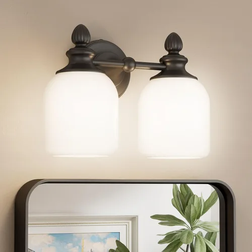 Keonjinn Lámparas de baño de 2 luces, luces de tocador vintage negras para espejo con pantallas de vidrio esmerilado, base E26 con certificación UL