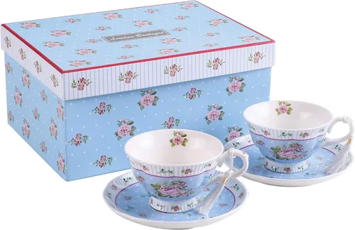 London Boutique Juego de tazas de té y platillos de café, té de la tarde, caja de regalo vintage con flora rosa, 7.5 onzas (azul rosa, juego 2)