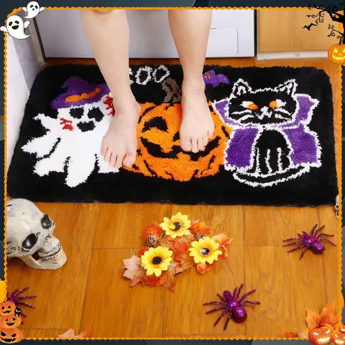 Miniatura 5 de Breling Juego de 3 piezas de alfombras de baño de Halloween, calabaza, antideslizante, lavable, alfombra de fantasmas, negra y púrpura, cubierta