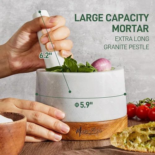 Miniatura 2 de MarcZero Juego de mortero y pilón grande de 15 cm con base de madera antiarañazos, mortero y pilón resistentes hechos de mármol natural (blanco)