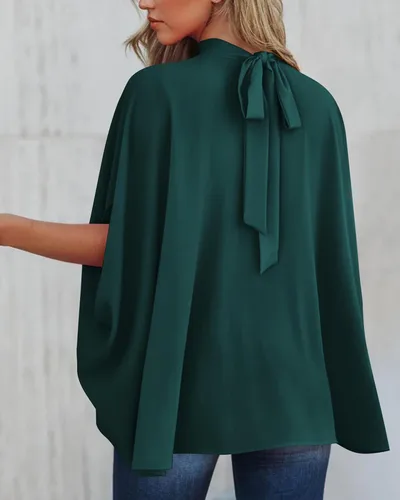 Miniatura 38 de BTFBM Blusas de verano para mujer, cuello alto falso, manga murciélago, holgadas, dobladillo alto y bajo, blusas informales de gran