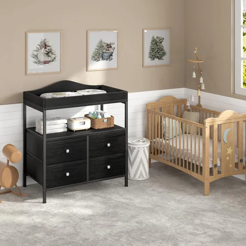 Miniatura 7 de BOLUO Cómoda Cambiador Negra con 4 Cajones de Tela y Estante Abierto, Cómoda para Bebé con Superficie de Cambiador, Estación de Cambio de Pañales