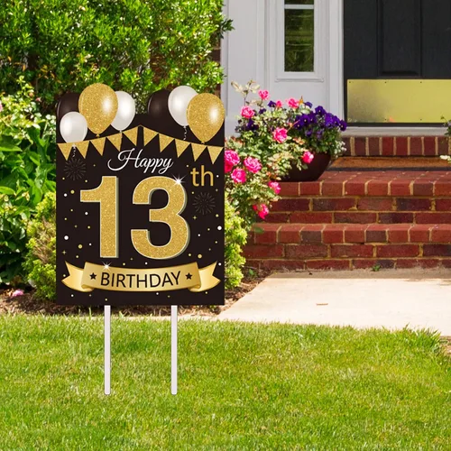 Letrero grande de patio para fiesta de feliz cumpleaños número 13, negro dorado, letreros de patio de cumpleaños 13 con estacas y decoraciones de