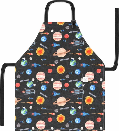 Kids Aprons for Girls and Boys, Toddler Apron with Pocket for Painting, Cooking, Baking, Gardening and Crafts Colección Cosmic pintada a mano para