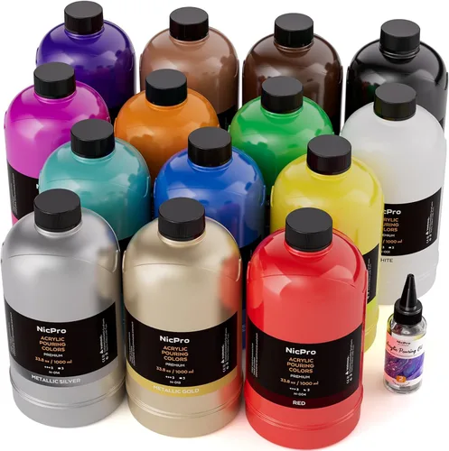 Nicpro Juego de pintura acrílica para verter de 14 colores en gran cantidad (1000 ml, 33.8 oz) Kit de suministros de pintura acrílica premezclada de
