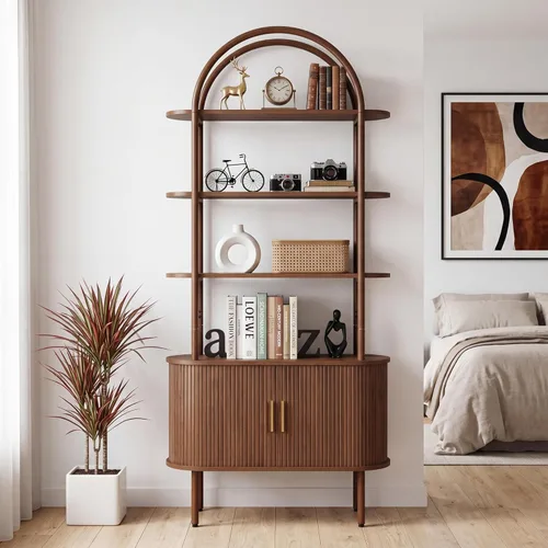 Miniatura 9 de Estantería arqueada acanalada de 71 pulgadas de alto con puertas correderas de tambor, mueble estantería curvo de metal moderno de mediados de siglo