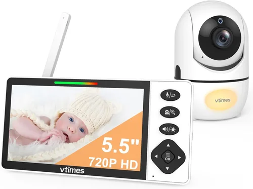 VTimes - Monitor de bebé con cámara y audio, pantalla HD de 720P de 5.5 pulgadas, monitor de video sin WiFi, modo VOX, panorámica/inclinación/zoom,