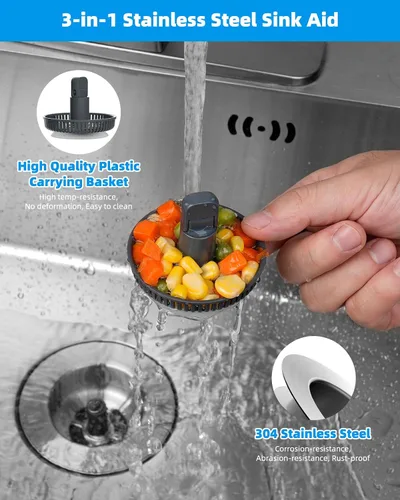 Miniatura 2 de Hibbent - Combo de colador y tapón de drenaje desplegable 3 en 1 para fregadero de cocina, de acero inoxidable, cesta antiobstrucción, con mango