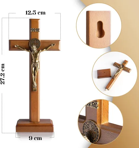 Miniatura 3 de KUXBET Cruz Crucifijo Católica de 10.7 Pulgadas de Madera con Jesucristo Cruz de Pared con Soporte, para Colgar o Mesa con Soporte para Decoración