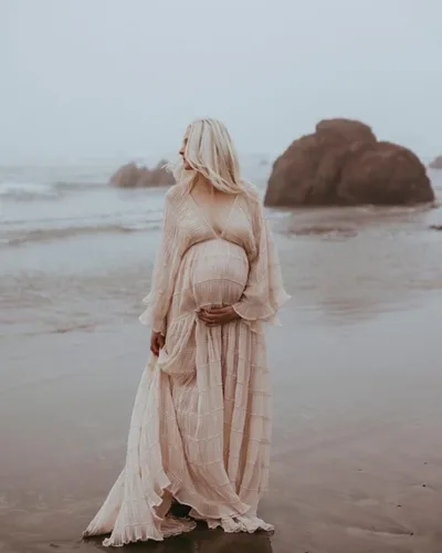 Miniatura 4 de Sevintage Bata de maternidad para sesión de fotos, tul con cuello en V, manga larga, con volantes, embarazo, baby shower, lencería nupcial