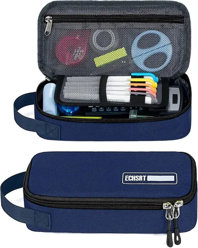Miniatura 13 de Estuche grande para lápices, estuche duradero para bolígrafos con gran capacidad, bolsa de papelería portátil minimalista con asa para escuela, Gris