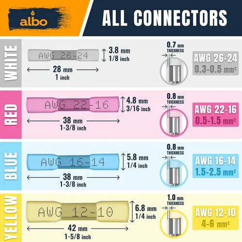 Miniatura 8 de ALBO Juego de 200 piezas conectores de empalme termorretráctiles mixtos de 26-10 AWG - Cobre estañado - Conectores de alambre de engaste aislados