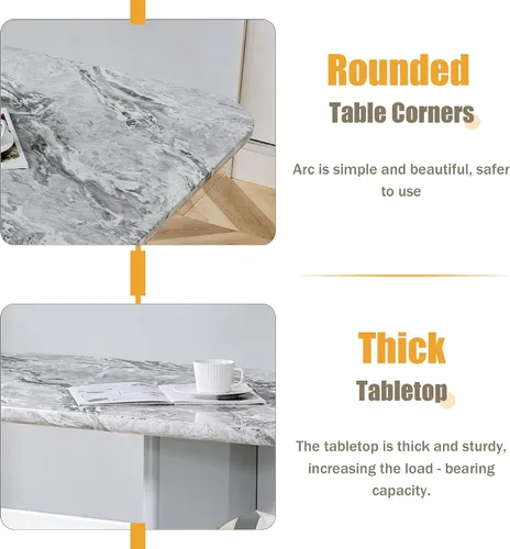 Miniatura 4 de Moderno juego de mesa rectangular para 4, mesa grande de mármol sintético gris de 71 pulgadas con base de metal con marco hueco, y 4 sillas