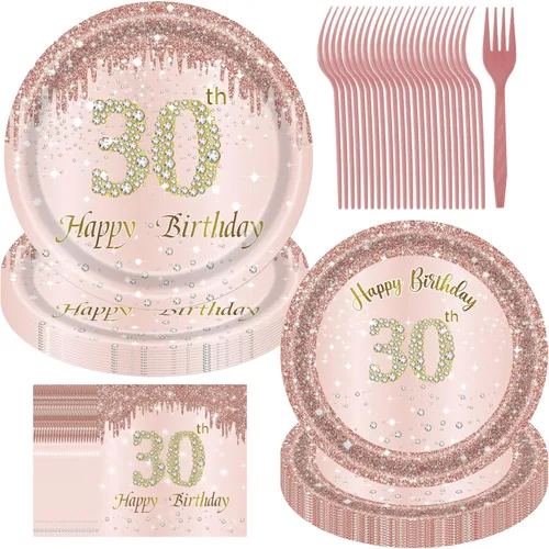 Miniatura 11 de Decoraciones de cumpleaños número 50 para mujer, platos de oro rosa, decoraciones de oro rosa, 96 platos de papel rosa y servilletas para niñas