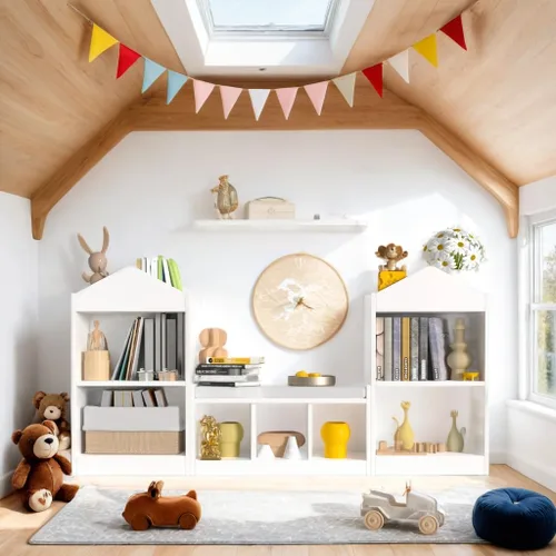 Miniatura 5 de MHOM Estantería infantil de 68.9 pulgadas con rincón de lectura, organizador de almacenamiento de juguetes con cojín de asiento y 7 cubos de Blanco