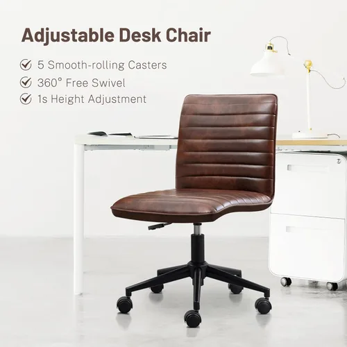 Miniatura 3 de Furniliving Silla de cuero para oficina en casa, silla de trabajo de escritorio sin brazos con ruedas, silla giratoria de 360° para computadora
