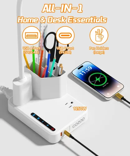 Miniatura 5 de Lámpara de Escritorio, Lámparas de Escritorio LED para Oficina en Casa con 2 Puertos de Carga USB/Toma de Corriente/Organizador, Lámpara