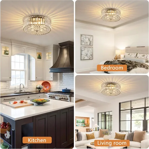 Miniatura 4 de Large Crystal Ceiling Light, 17.5" Black K9 Crystal Flush Mount Ceiling Light, 4-Light Round Luxury Light Fixture for Dining Room, Bedroom, Hotel