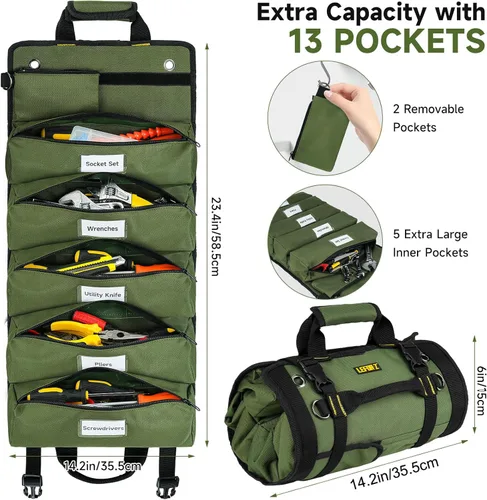 Miniatura 4 de Bolsa de herramientas, organizador de bolsa de herramientas enrollable grande, bolsa de almacenamiento de herramientas con 13 bolsillos, bolsa