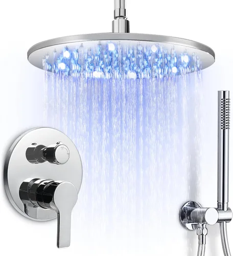 SKOWLL Sistema de accesorios de ducha, kit de ducha de lluvia redondo, juego de grifo de ducha LED de 12 pulgadas, montaje en techo con válvula