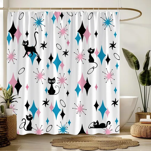 Miniatura 3 de GCTNBJL Mid Century Atomic Cat Shower Curtain Blue Pink Diamond Black Cat Stars Modern Abstract Geometric 1950s 1960s Retro 36x70(WxH) Inches