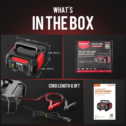 Miniatura 9 de NEXPEAK Cargador de batería de 15 A, cargador de goteo de 12 V/24 V, cargador de batería inteligente LiFePO4 de 9 etapas, mantenedor de batería