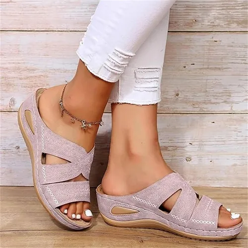 Miniatura 2 de Sandalias ortopédicas para mujer, plataforma elegante, tacón de cuña, sin cordones, puntera abierta, sandalias ortopédicas casuales de verano Rosa