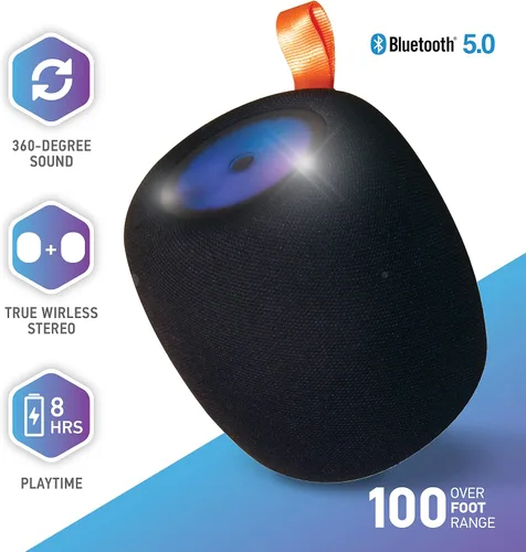 Miniatura 4 de Acoustic Research Altavoz inalámbrico portátil de tela, sonido de 360 grados, rango de 100 pies, estéreo inalámbrico verdadero, recargable, luz LED