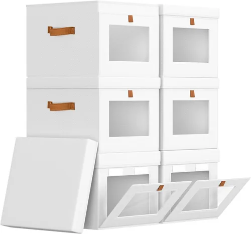 Miniatura 14 de Homsorout Contenedores de almacenamiento con tapa, organizador de armario con apertura lateral y ventana transparente, cesta plegable de tela Beige