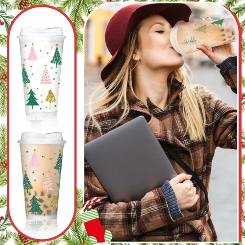 Miniatura 5 de Bokon 12 piezas de tazas de plástico transparente reutilizables de Navidad a granel, 16 oz, tazas de árbol de Navidad de estilo bohemio, tazas