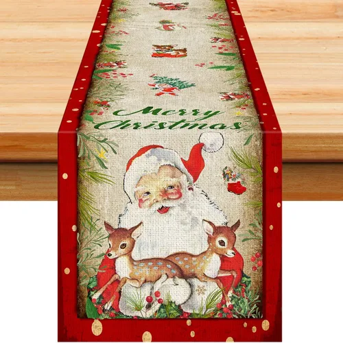 Camino de mesa navideño vintage de Papá Noel para las fiestas navideñas, decoraciones de mesa de cocina y comedor, camino de mesa de Feliz Navidad