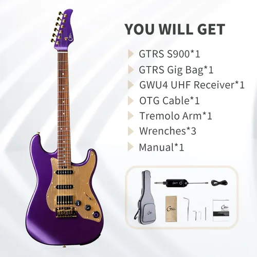Miniatura 7 de GTRS Kit de guitarra eléctrica inteligente S900 con transmisor inalámbrico UHF, sistema inteligente de guitarra de práctica con 126 tipos de Púrpura