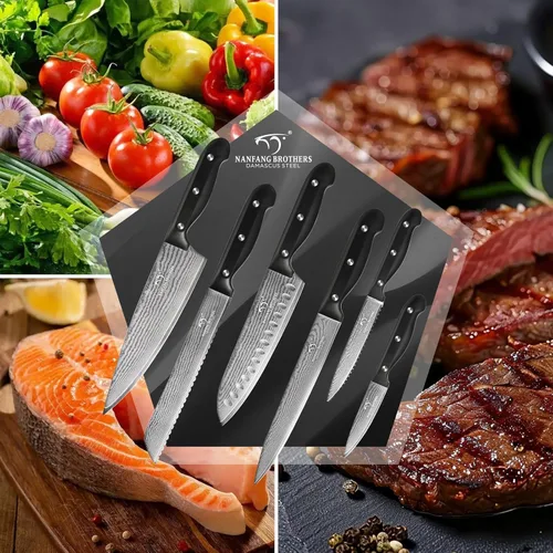 Miniatura 8 de NANFANG BROTHERS 9-Piece Damascus Kitchen Knife Set, 67-Layer VG10 Japanese Steel, Professional Chef Knives with Compact Wooden Block