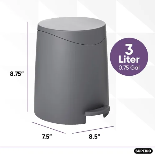 Miniatura 5 de Superio MIni - Cubo de basura con tapa de 3 litros, color gris, mini cubo de basura de plástico de 0.75 galones, moderno bote de basura con pedal